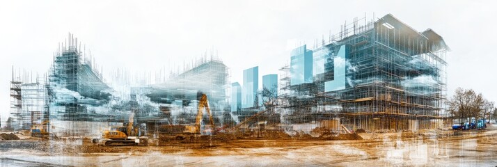 Aufkleber - Construction site with excavators and scaffolding; modern buildings.