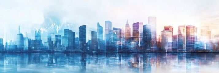 Poster - Blurry cityscape with building reflections and a graph overlay.