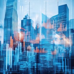 Poster - Abstract overlayed city with charts, blue tone.