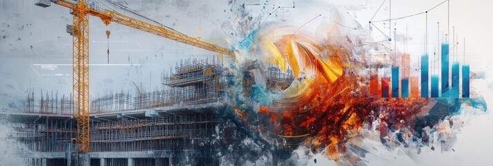 Poster - Construction site with crane, overlaid chart and abstract art.