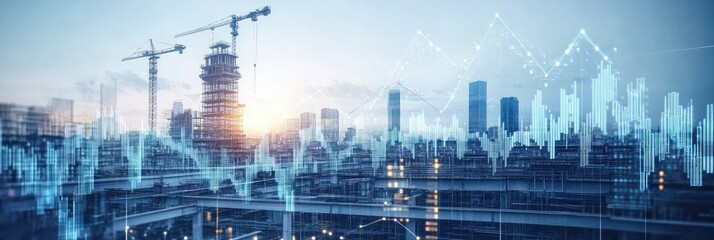 Poster - Cityscape with graphs overlay, cranes, building, urban.