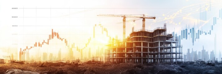 Poster - Construction site with financial graph overlay, blur.