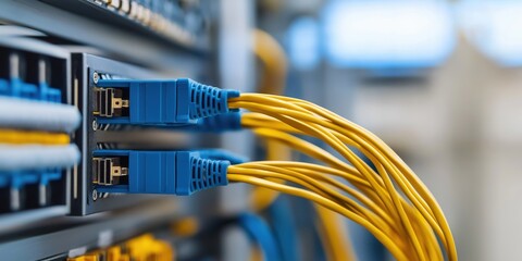 Bright yellow data cables connect to server units in a well-organized network setup indicating data transfer.