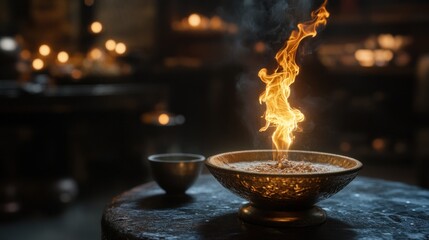 Poster - Fire burning from golden bowl on dark table with cup, and bokeh background.