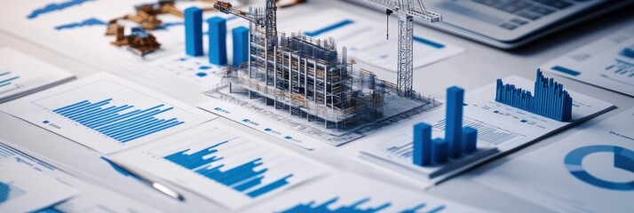 Poster - Construction project data on charts with building model and laptop.