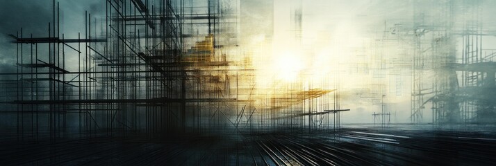 Aufkleber - Blurred construction site with scaffolding at sunset.