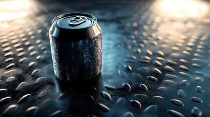 Poster - Black soda can with condensation on metal surface under bright lights.
