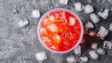 Poster - Red drink with ice cubes on gray background.