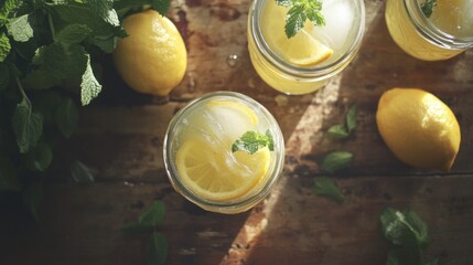 Sticker - Lemonade with mint, ice, lemons on a rustic wood surface, top view.