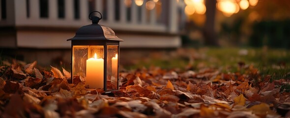 Poster - Lantern and candle on autumn leaves near house.