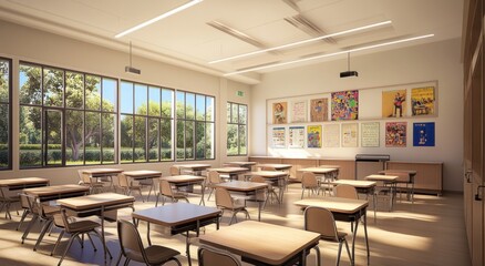 Poster - Bright classroom with tables, chairs and windows.