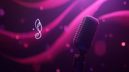 Poster - Retro microphone with flowing pink background and glowing bokeh effects.