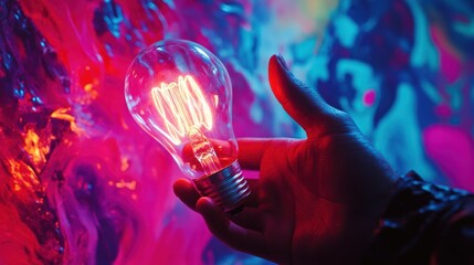 Poster - Hand holds a lit bulb against colorful background.