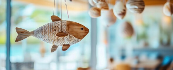 Aufkleber - Wood fish hanging with blurred decor and soft light.