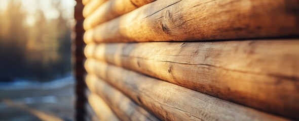 Leinwandbilder - Rustic log wall in sunlight.