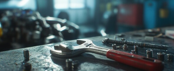 Aufkleber - Wrench and bolts on work table with blurred machine.