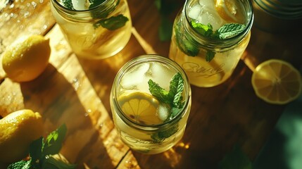 Sticker - Iced lemon drinks with mint in glass jars on wooden surface.