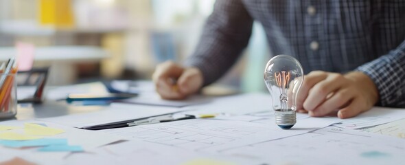 Poster - Lightbulb on a desk with papers, concept of creative idea.