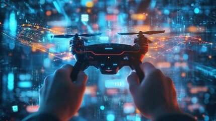 Leinwandbilder - Hands controlling drone with abstract digital background.