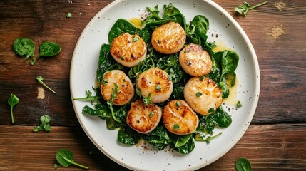 Poster - Seared scallops atop spinach on a white plate, wooden surface.