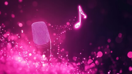Aufkleber - Luminous pink microphone with musical note and bokeh lights.