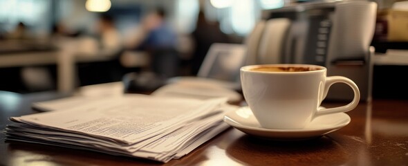 Poster - Coffee cup and papers on wood table, blurred background of people.