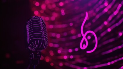 Poster - Retro microphone with neon lines on dark background.