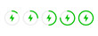 © Chelpanoff - Battery charging circle indicator icon set. Green round battery power level vector illustration collection. Lightning inside a rounded diagram infographic symbol. Loading process progress bar sign.