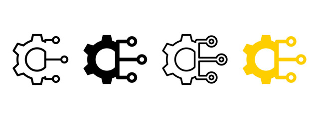 AI technology gear icon. Digital electronic software cogwheel vector illustration. Web cyberspace network symbol. Computer machine tech process sign. Integrated AI technology application pictogram.