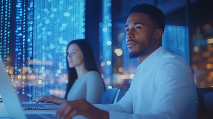 Two Professionals Collaborating on Digital Technology in a Modern Office at Night