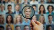 © NoblePix - A hand holding a magnifying glass carefully examines several personal portraits on the wall, representing careful scrutiny or selection. Diversity