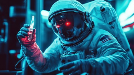 Astronaut examines vial with red glow.