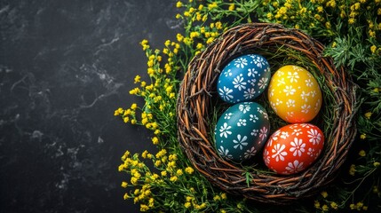 Colorful eggs in a nest ready for Easter celebration