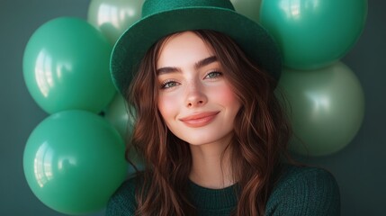 Wall Mural - Smiling woman with green hat and balloons celebrating Saint Patricks Day festivities