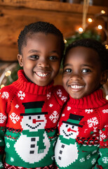 Wall Mural - happy Kids in Christmas sweaters and festive backgrounds