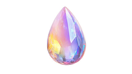 An iridescent opal gemstone, shaped like a teardrop, shimmers isolated on transparent white background