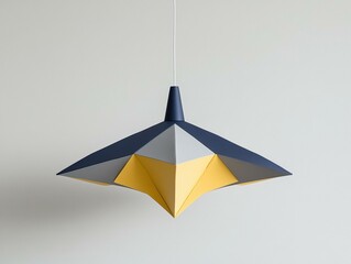 Wall Mural - Geometric pendant lamp with navy, gray, and yellow panels. AI.