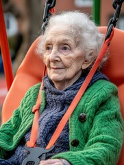 Sticker - An elderly woman enjoys a relaxing swing. AI.