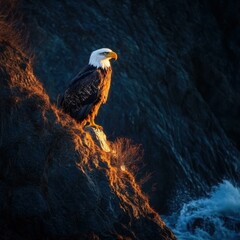 Canvas Print - Majestic eagle perched on a rock overlooking the ocean. AI.