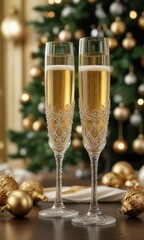 Wall Mural - Elegant champagne glass, ornate Christmas tree ornaments, christmas, winter holiday, joy