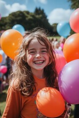 Wall Mural - Joyful child holding colorful balloons at a summer festival in a park