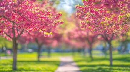 Canvas Print - Pink blossoms frame a sunlit path. AI.