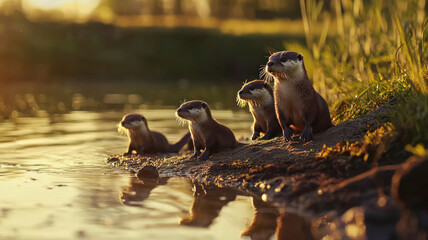 Wall Mural - A family of otters playing near a calm riverbank, their sleek bodies glistening in the golden rays of the sunset.