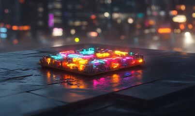 Neon circuit board on wet surface, city lights blurred in background.