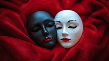 Two theatrical masks resting together on a vibrant red blanket symbolizing duality in art