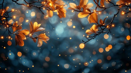 Sticker - Golden leaves shimmer in a twilight forest with sparkling lights and blurred backgrounds