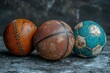 © typepng - Various sports balls arranged on a table with a colorful background, leaving room for text.