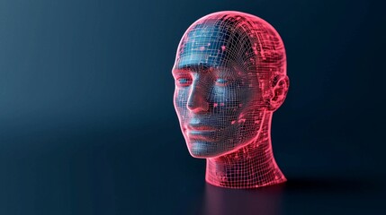 a digital human head illuminated with binary code and glowing lights.
