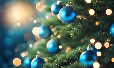 Wall Mural - Christmas Tree With Ornaments In Blue And Bokeh Lights - Real Fir Branches With Glittering In Abstract Defocused Background - This Image Contain 3d Rendering Elements