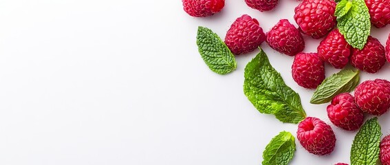 Wall Mural - Lush red raspberries and fresh green mint leaves displayed on a textured white surface.